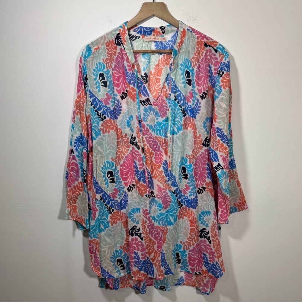 Fresh Produce Cotton Gauze 3/4 Roll Tab Sleeve Tunic Cover Up XL / 2XL Tunic Top